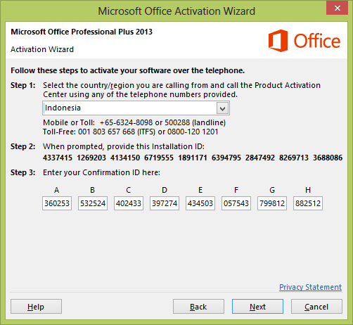 confirmation code for microsoft office 2007 on telephone